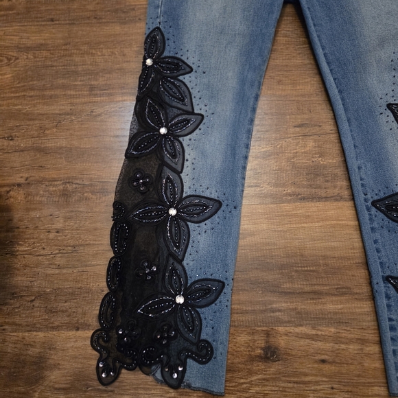 Country Western Denim Jeans Black Lace Embellished Embroidered Size 12 Rodeo - Picture 2 of 14